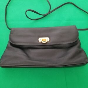 Bechamel Women's Black Leather Crossbody Bag with Gold Accent 11in Vtg